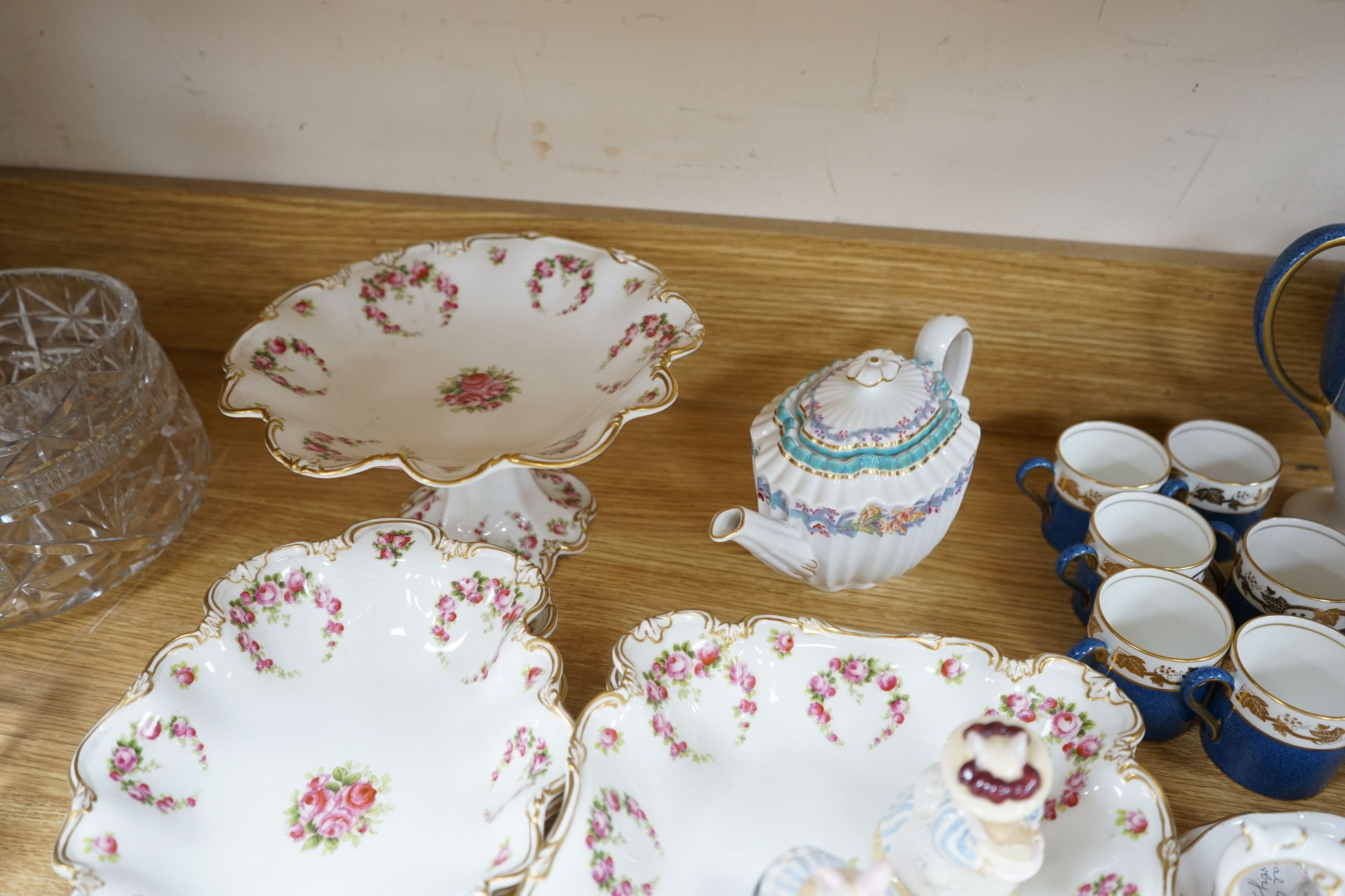 A George Jones dessert set, Royal Crown Derby teaware, mixed miniature ceramics and a coffee set